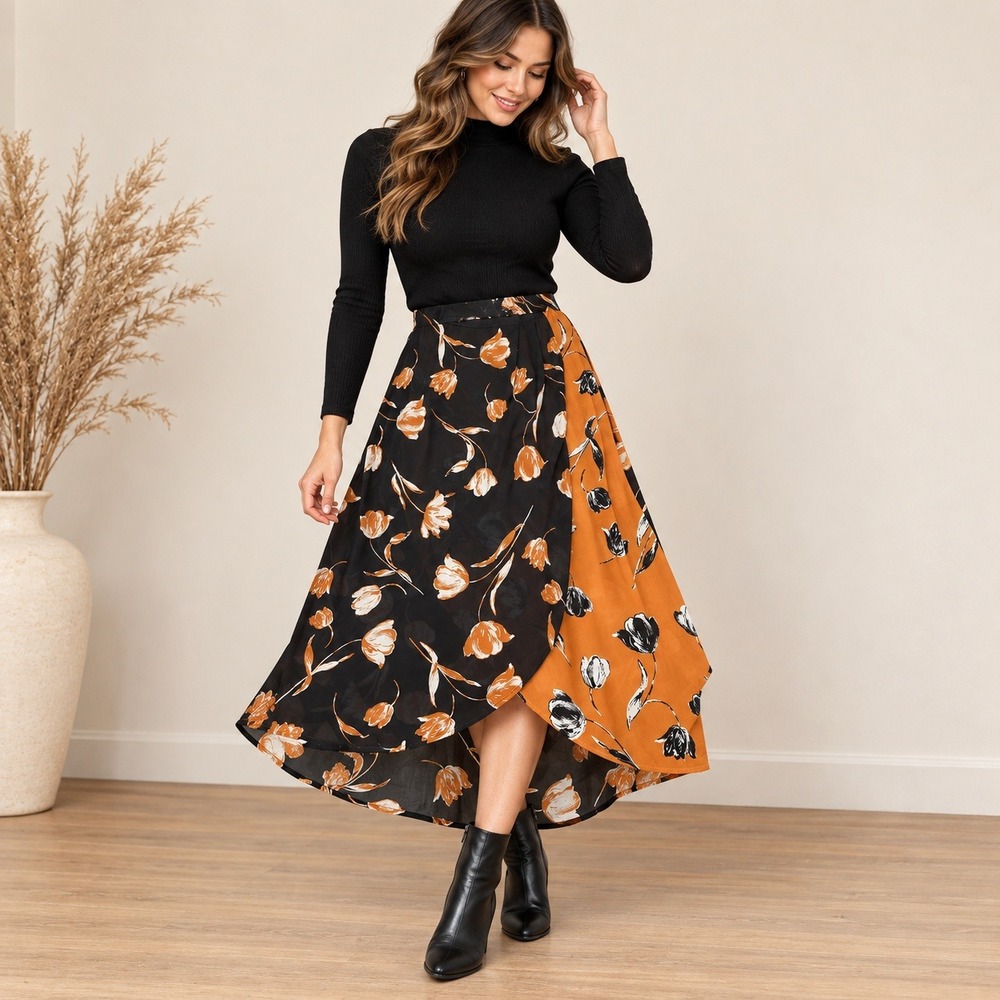 Black Rust Floral Tulip Midi Skirt Asymmetrical Boho Whimsigoth Fall M Faux Wrap